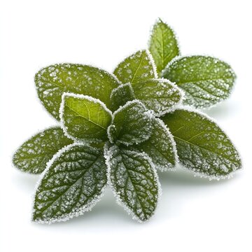 A close up view of a mint plant covered in frost against a plain white background in a studio shot