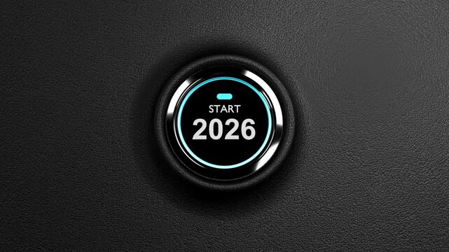 Finger about to press a car ignition button with the text 2026 start.happy new year 2026 start new project.concept of start with strategy,win,plan,goal and objective target