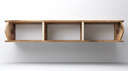 Empty wooden shelf hanging on white wall