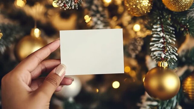 Christmas blank card in Female hand. White greeting card among decorated Christmas tree with holiday decorations. Frame note mock up with space for text. Empty paper sheet. Seasons greetings. Template