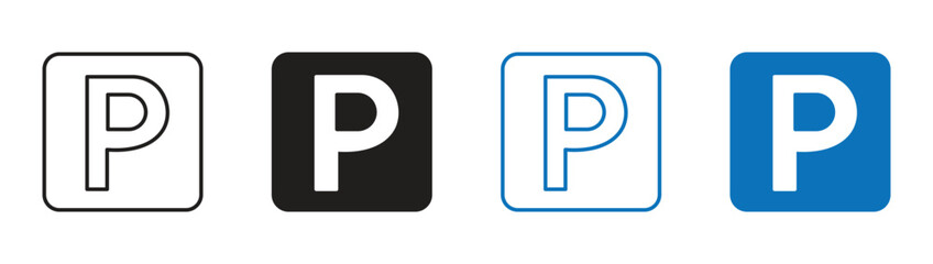 Blue , black  parking sign with white letter p, traffic and road symbol, urban street design, icon for transportation and public spaces, isolated on white background .