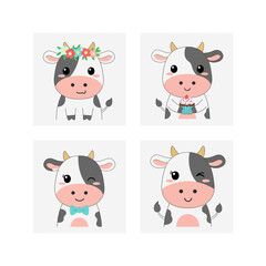 Cute Cow Cartoon Set Smiling Cupcake Bowtie Wink