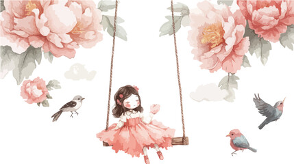 Whimsical watercolor illustration of a young girl on a swing surrounded by blooming peonies and birds