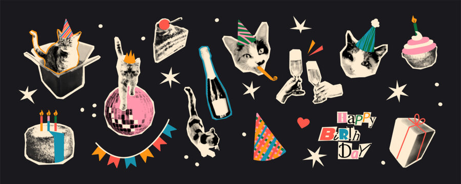 Happy birthday halftone art collage cut outs set. Stickers with vintage dotted texture and doodles, cheers, cake with candles, champagne, cats with party hats. Modern retro vector illustration