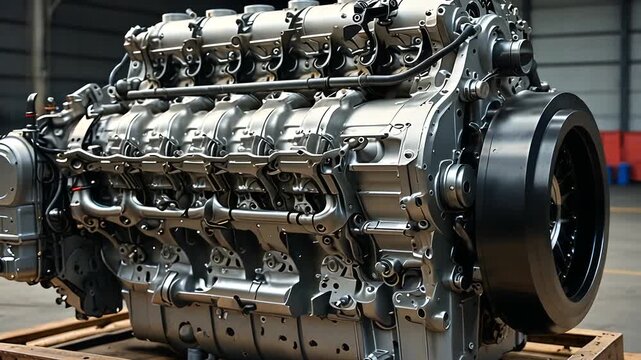 High-Quality Stock image of disassembled truck engine in repair service. Heavy machinery, diesel motor vehicle part close-up. Red truck blurred background. Maintenance, repair.