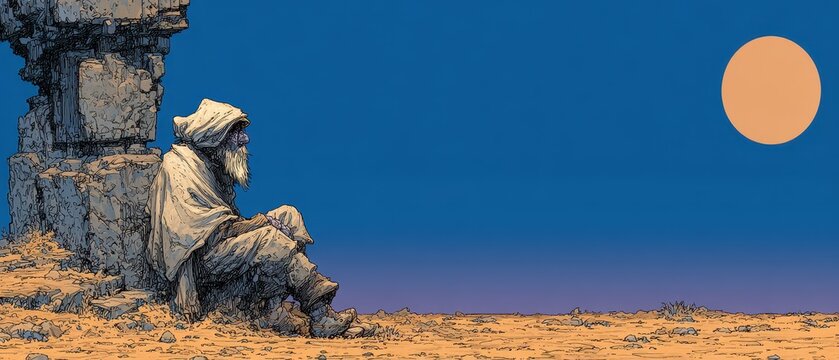 Old man resting in a desert at sunset
