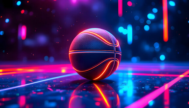 Futuristic neon basketball glowing with vibrant energy on a dynamic digital court - Powered by Adobe