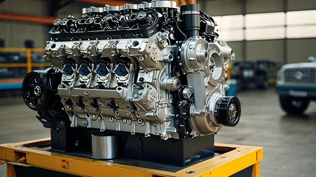 High-Quality Stock image of disassembled truck engine in repair service. Heavy machinery, diesel motor vehicle part close-up. Red truck blurred background. Maintenance, repair.