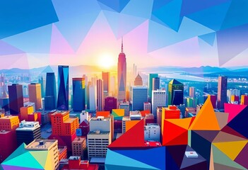Geometric cityscape, vibrant hues, dynamic shapes, bold colors, abstract design,  abstract,  dynamic