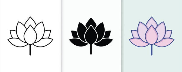 Lotus flower icon bundle in line art silhouette and color style