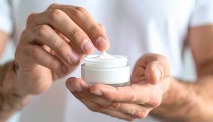 Man holding moisturizer cream applying lotion for skincare routine