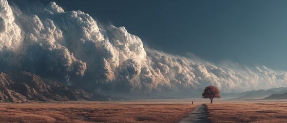 Majestic clouds loom over an open landscape path