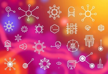 Outline icons depicting big data concepts, including nodes, networks, and data flows , visualization, technology