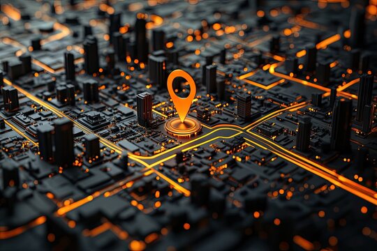 Urban map, glowing circuitry, pin location