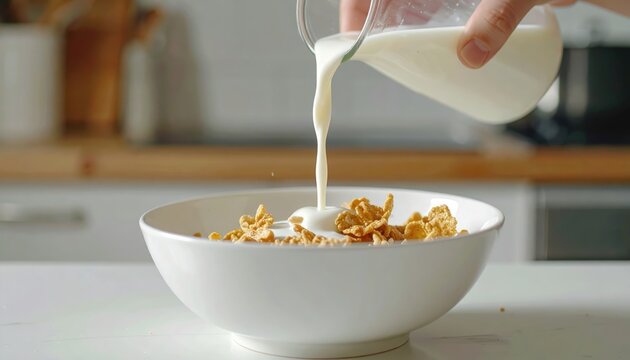 Pouring milk into bowl of cereal in kitchen for healthy breakfast
