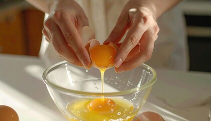 Chef cracking egg yolk into glass bowl in kitchen