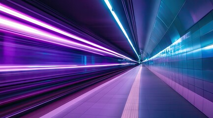 Neon-lit train tunnel, motion blur