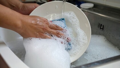Fototapeta premium Housewife washing dishes with sponge and soapy water in kitchen sink