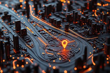 High-tech city map with glowing routes, focused on a location marker