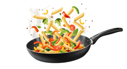 Dynamic scene of Italian pasta and fresh vegetables flying over a hot frying pan. Perfect for cooking, food, or restaurant themes. isolated on white or transparent background. PNG format.