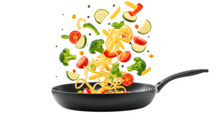 Dynamic scene of Italian pasta and fresh vegetables flying over a hot frying pan. Perfect for cooking, food, or restaurant themes. isolated on white or transparent background. PNG format.