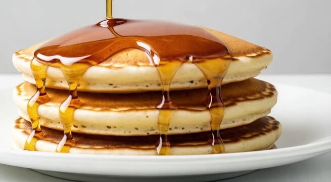 Pouring maple syrup over a stack of pancakes on a white plate against a neutral background