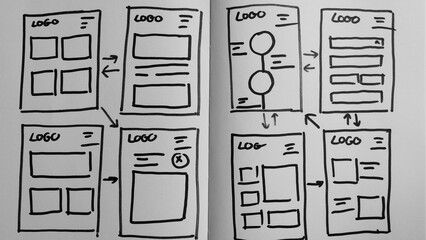 Draft sketch drawing template layout framework wireframe. User experience concept.