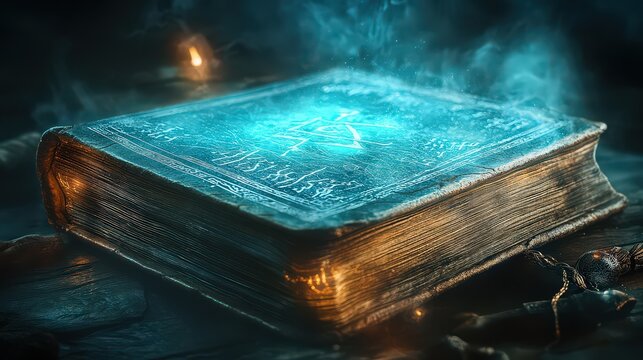 Illuminated ancient tome with glowing symbols resting on a dark surface emitting mystical light - Powered by Adobe