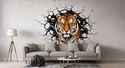 Tiger bursting through wall wall mural