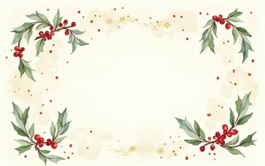 Fototapeta premium Elegant Watercolor Holly Berry Border; Festive, Romantic Christmas Design; Cream Background, Gold Accents.