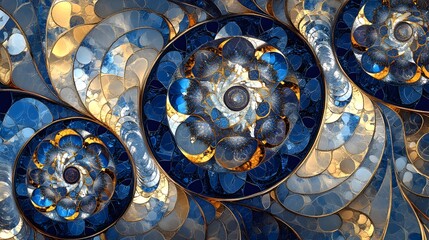 Intricate, swirling patterns of gold, blue, and beige create a mesmerizing design.