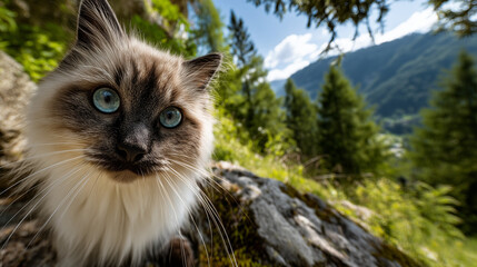 A Himalayan / Siameese cat looking cute and adorable in a beautiful setting.