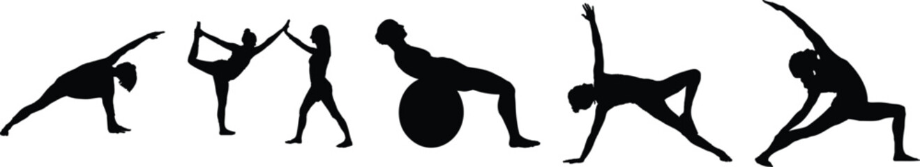 Women exercising for body stretching. Women practicing yoga in various poses for Peaceful wellness and mindfulness Workout in relaxation and sleep concept Silhouettes Woman of yoga poses