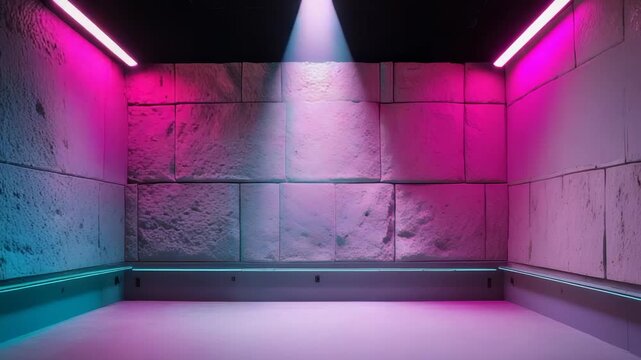 Neon-Lit Stone Room with Pulsing Cyan Magenta Spotlights