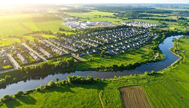 Aerial view of a suburban area by a river