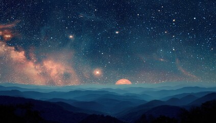 Fototapeta premium Starry Night Landscape Over Misty Mountains