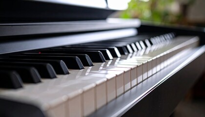 Close-up shot of piano keyboard with dramatic lighting, showing glossy black and white keys in sharp focus. Artistic angle, moody shadows, elegant and minimal composition