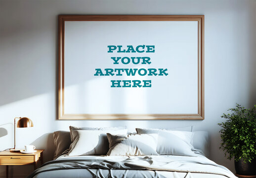 Square Photo Frame Mockup Above Bed in Bedroom