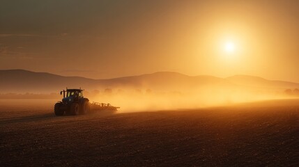 Fototapeta premium Farmer plowing field with tractor at sunset creating dust cloud