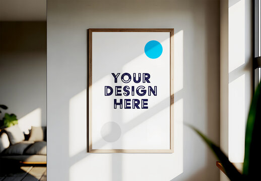 Vertical Photo Frame Mockup on White Wall