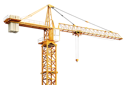 Yellow tower crane construction machine isolated on a transparent background