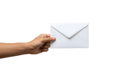Hand holding white envelope against Transparent Background representing communication