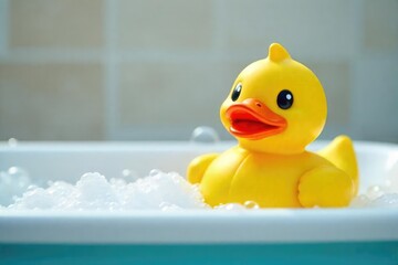 A cheerful yellow rubber ducky sits in a bathtub filled with bubbles, ready for a bath time adventure , plastic duck, quirky, squeaky toy