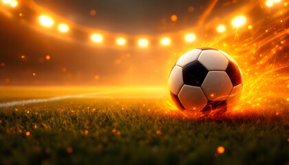 Dynamic soccer ball ignites the field with fiery energy under stadium lights, capturing intense competition