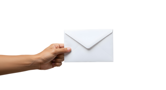 Hand holding white envelope against Transparent Background representing communication