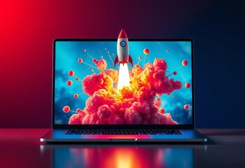Laptop screen explodes in vibrant colors, a rocket launching outwards, screen, launch