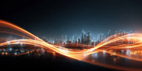 Obraz premium Glowing city skyline at night with abstract curves of light flowing through the scene, futuristic vibe