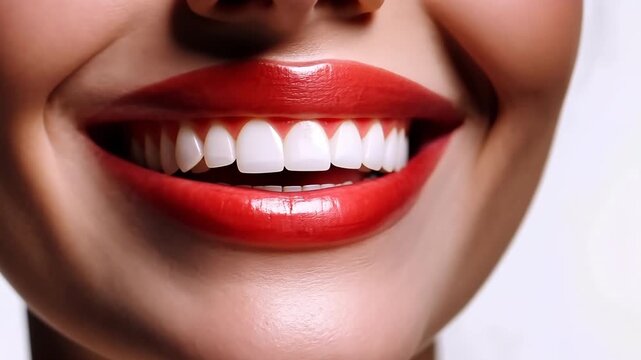 Beautiful Smile. Female smiling, perfect white teeth, close up. Healthy smiles. Perfect teeth of smiling young woman on a white background. Whitening. Dental clinic patient. Oral care, dentistry	
