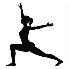 Silhouette of a woman performing a Warrior Pose, or Virabhadrasana yoga pose with arms extended in a graceful and balanced stance against a white background