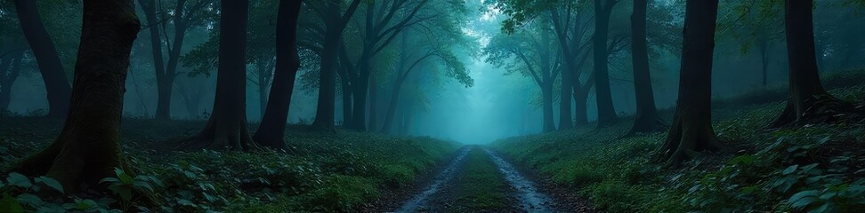 Obraz premium A dark and mysterious forest path winds through dense, ominous trees, shrouded in mist and shadows, hinting at hidden dangers and lurking threats , forest, woods, creepy